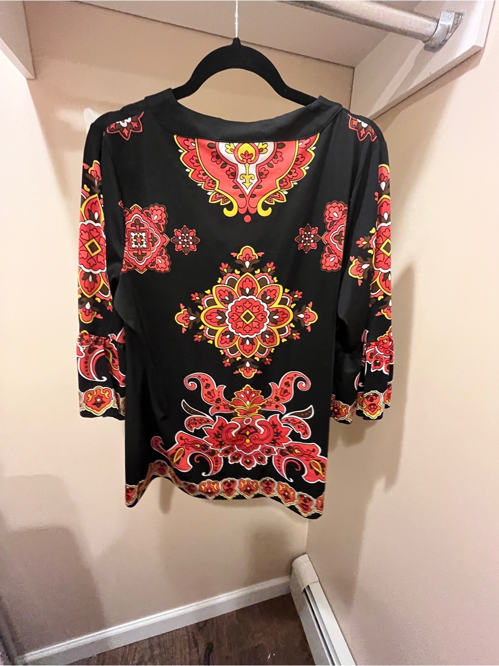 INC International Concepts Black Tunic with Red & Yellow Medallion Print